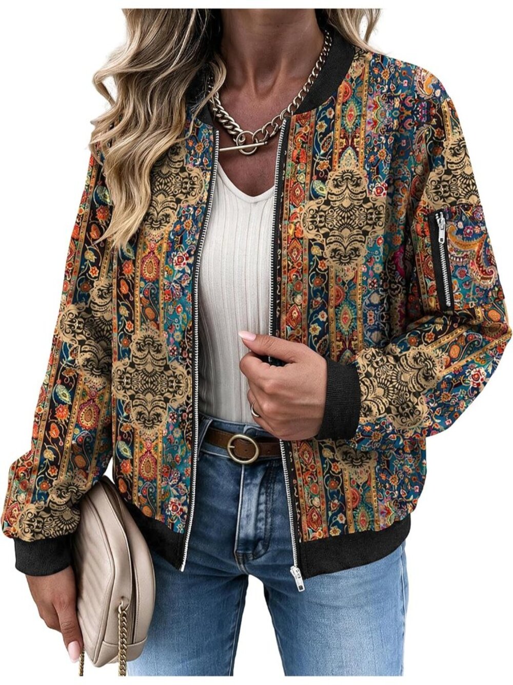 Women's Multi 100% Polyester Zip Up Utility Pocket Spring Flight Bomber Jacket